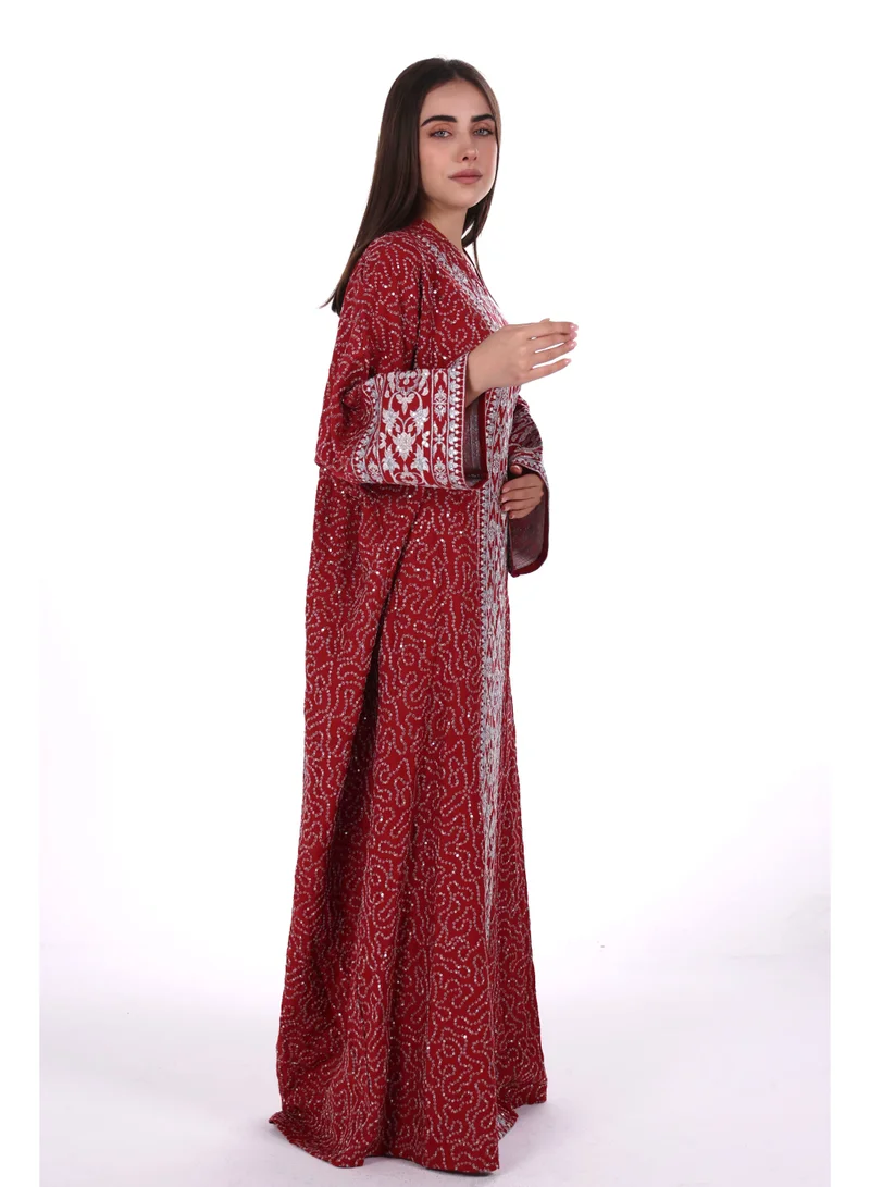 AL BENT AL SHARQIEH red Embroidered Linen Jalabiya dress with unvisible belt for Women | Best Price UAE